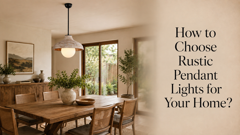 A rustic pendant light hanging over a wooden dining table in a neutral toned room.