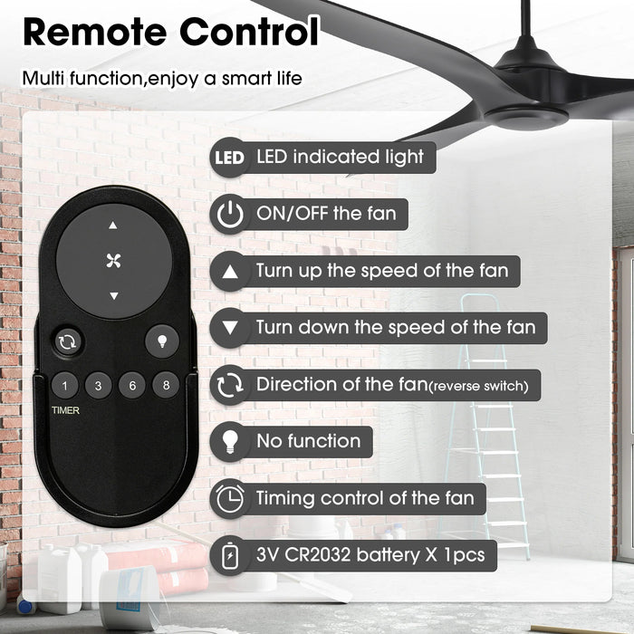 254 cm Outdoor Simon Black IP44 Downrod Mount Ceiling Fan, 6-Speed Reversible DC Motor, Remote Control, High-Airflow 18,000 CFM, ETL-Certified, for Patios, Porches & Covered Indoor/Outdoor Spaces