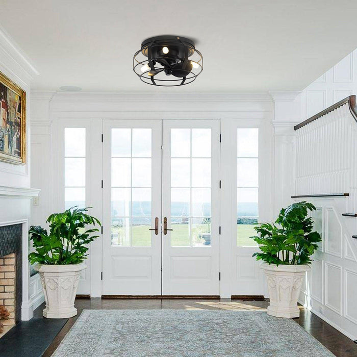 12" Industrial DC Motor Satin Nickel Flush Mount Reversible Iron Ceiling Fan with Lighting and Remote Control - ParrotUncle