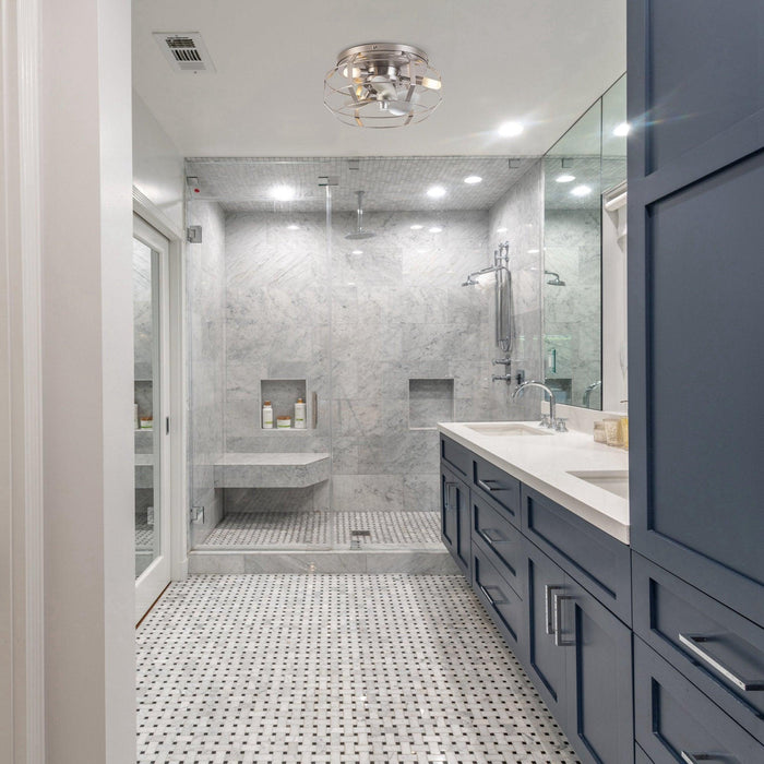 12" Industrial DC Motor Satin Nickel Flush Mount Reversible Iron Ceiling Fan with Lighting and Remote Control - ParrotUncle