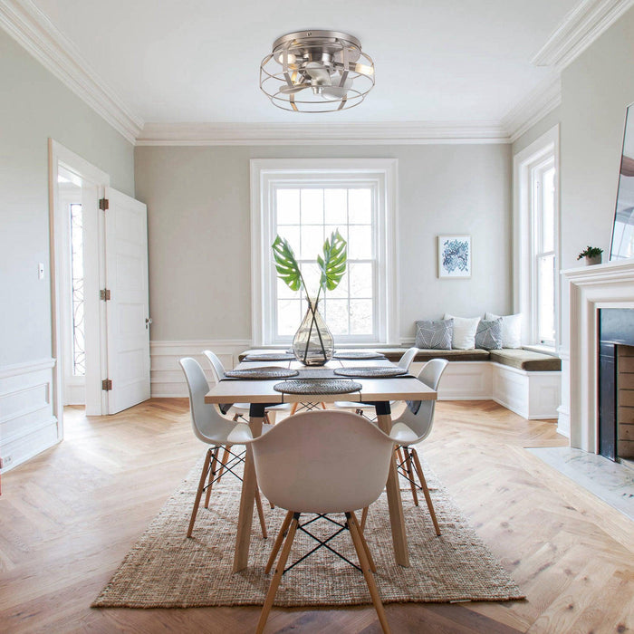 12" Industrial DC Motor Satin Nickel Flush Mount Reversible Iron Ceiling Fan with Lighting and Remote Control - ParrotUncle