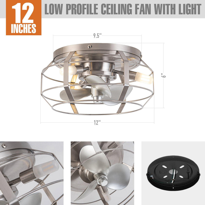 12" Industrial DC Motor Satin Nickel Flush Mount Reversible Iron Ceiling Fan with Lighting and Remote Control - ParrotUncle