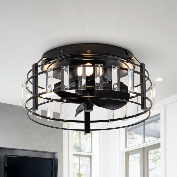 13" Industrial DC Motor Flush Mount Reversible Crystal Ceiling Fan with Lighting and Remote Control - ParrotUncle