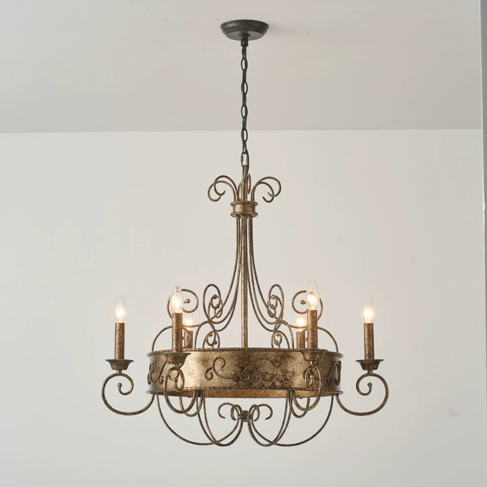 6-Light Rust Brown Candelabra Chandelier Lighting With Adjustable Hanging Length