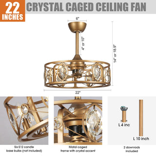 22" Kashmir Modern Glod Reversible Crystal Ceiling Fan with Lighting and Remote Control