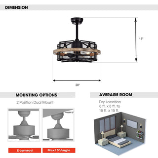 20" Industrial Downrod Mount Caged Ceiling Fan with Lighting and Remote Control