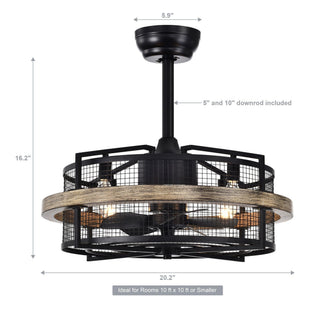 20" Industrial Downrod Mount Caged Ceiling Fan with Lighting and Remote Control