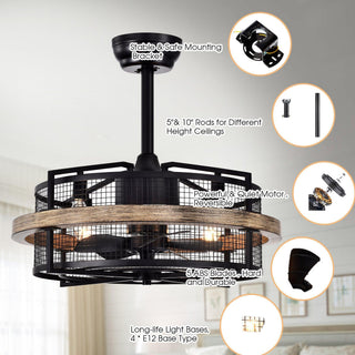 20" Industrial Downrod Mount Caged Ceiling Fan with Lighting and Remote Control
