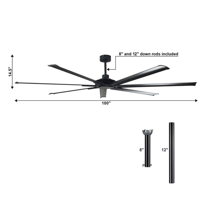 213 cm / 254 cm Silent Storm Extra Large Ceiling Fan, 7-Blade Aluminum Reversible DC Motor, 6-Speed Remote Control, Industrial Low Profile Fan for Large Indoor Spaces, Brushed Metal Finish