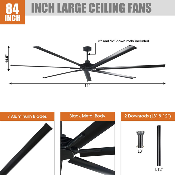 213 cm / 254 cm Silent Storm Extra Large Ceiling Fan, 7-Blade Aluminum Reversible DC Motor, 6-Speed Remote Control, Industrial Low Profile Fan for Large Indoor Spaces, Brushed Metal Finish