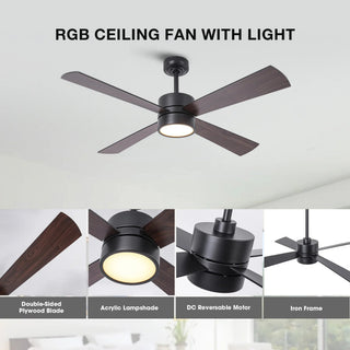 52 Inch Bucholz Hamptons Industrial Dimmable RGB LED Ceiling Fan with Remote and APP Control
