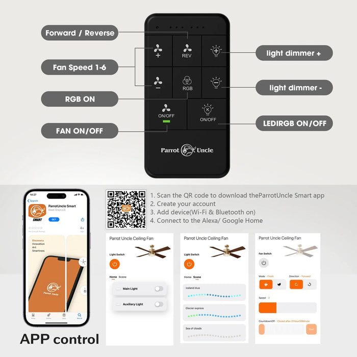 52 Inch Bucholz Industrial Dimmable RGB LED Ceiling Fan with Remote and APP Control