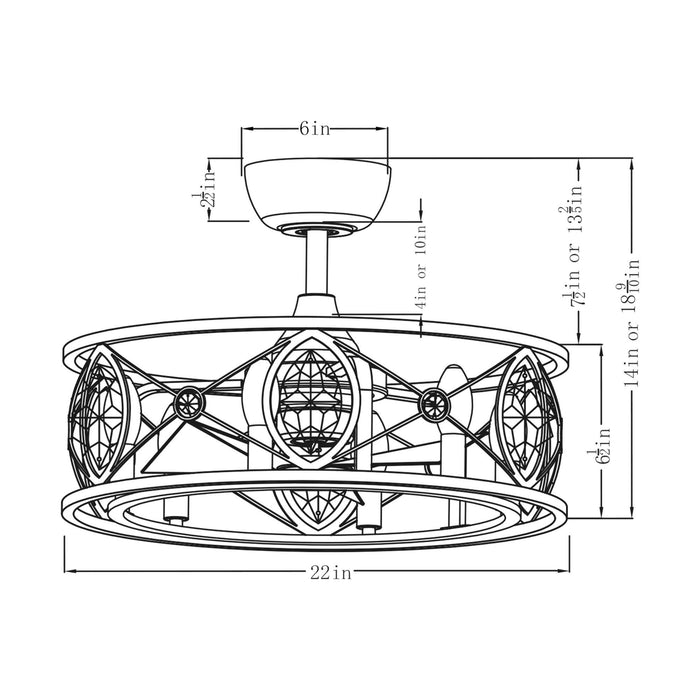 22" Kashmir Industrial Glod Reversible Crystal Fandelier Ceiling Fan with Lighting and Remote Control - ParrotUncle