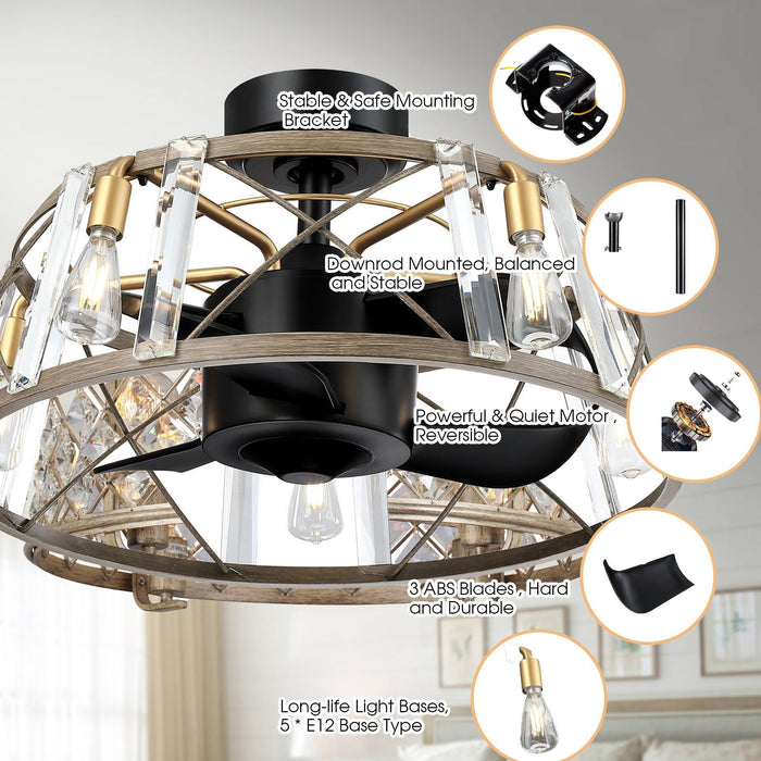 23" Industrial Satin Nickel DC Motor Downrod Mount Reversible Fandelier Ceiling Fan with Lighting and Remote Control - ParrotUncle