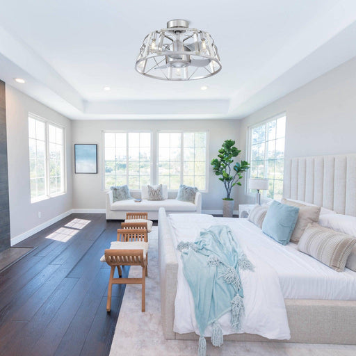 23" Industrial Satin Nickel DC Motor Downrod Mount Reversible Fandelier Ceiling Fan with Lighting and Remote Control - ParrotUncle