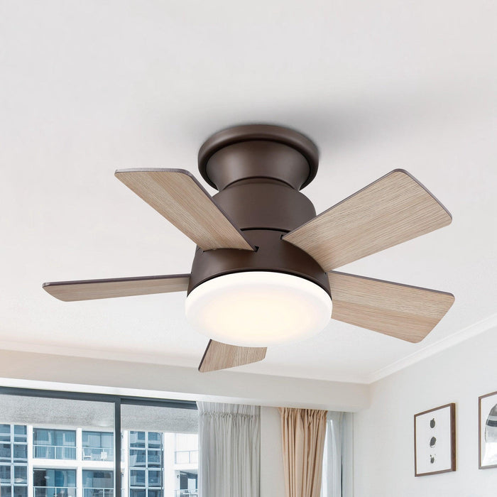24" Industrial Flush Mount Reversible Iron Ceiling Fan with Lighting and Remote Control - ParrotUncle