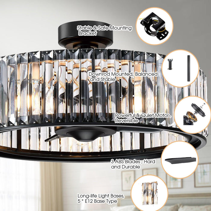 25.5" Henslee Modern DC Motor Downrod Mount Reversible Crystal Fandelier Ceiling Fan with Lighting and Remote Control - ParrotUncle