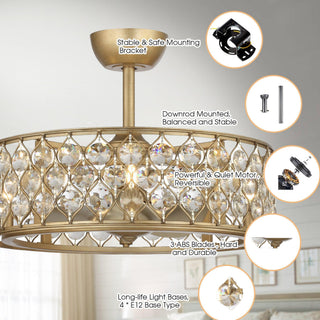25" Modern Downrod Mount Crystal Caged Ceiling Fan with Lighting and Remote Control