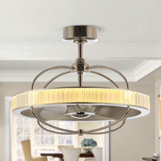 27" Industrial DC Motor Brushed Nickel Downrod Mount Reversible Crystal Caged Ceiling Fan with Lighting and Remote Control