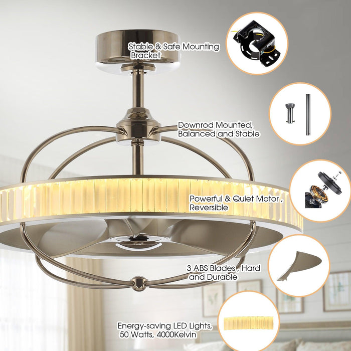 27" Industrial DC Motor Brushed Nickel Downrod Mount Reversible Crystal Ceiling Fan with Lighting and Remote Control - ParrotUncle