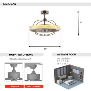 27" Industrial DC Motor Brushed Nickel Downrod Mount Reversible Crystal Caged Ceiling Fan with Lighting and Remote Control