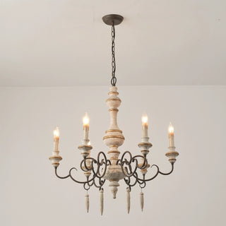 6-Light Farmhouse Wood Ceiling Light Candle-style Chandelier with Adjustable Hanging Length