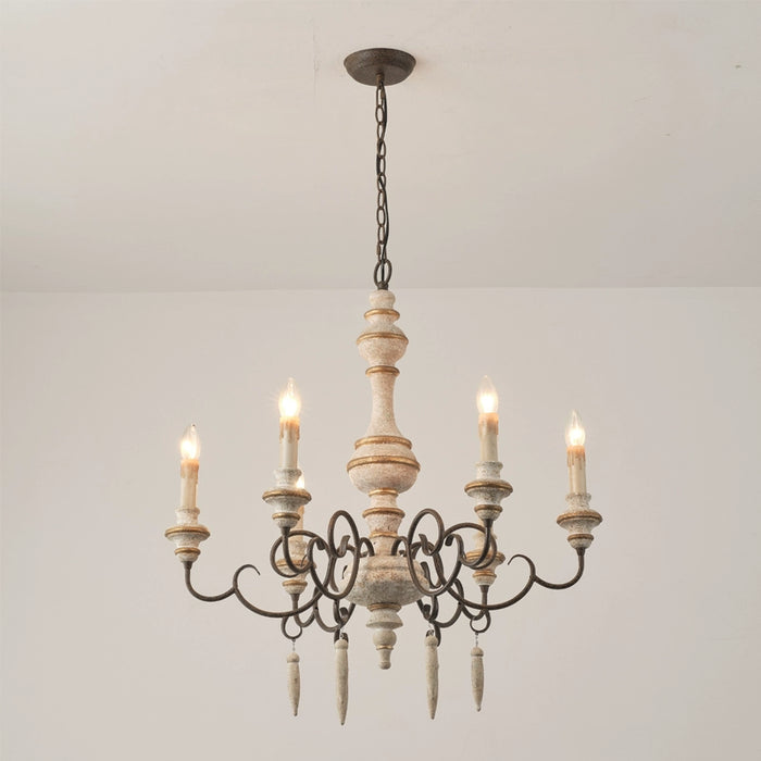 6-Light Farmhouse Wood Ceiling Light Candle-style Chandelier with Adjustable Hanging Length