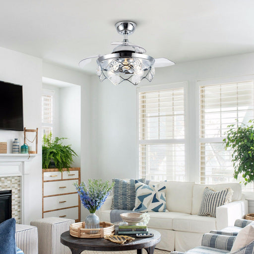 36" Broxburne Modern Chrome Flush Mount Crystal Ceiling Fan with Lighting and Remote Control - ParrotUncle