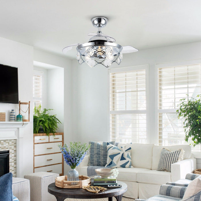 36" Broxburne Modern Chrome Flush Mount Crystal Ceiling Fan with Lighting and Remote Control - ParrotUncle