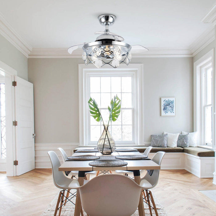 36" Broxburne Modern Chrome Flush Mount Crystal Ceiling Fan with Lighting and Remote Control - ParrotUncle