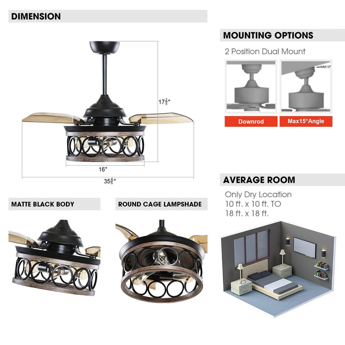 36" Mirelle Farmhouse Downrod Mount Ceiling Fan with Lighting and Wall Control - ParrotUncle