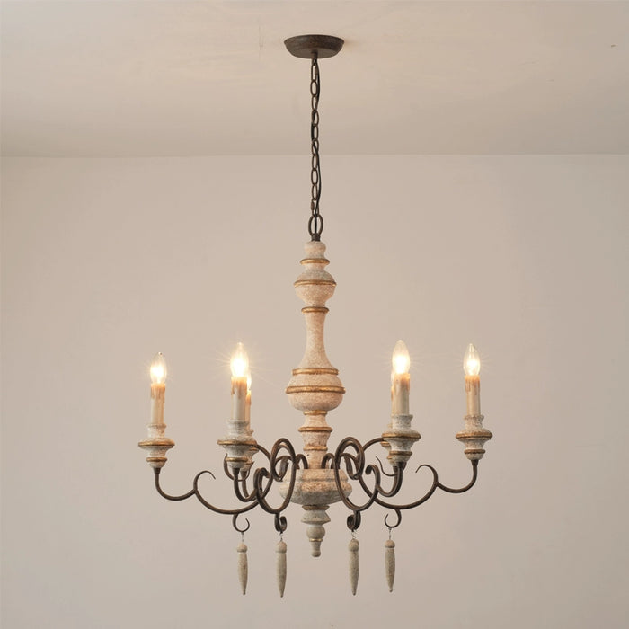 6 Light Farmhouse Wood Ceiling Light Candle style Chandelier with Adjustable Hanging Length