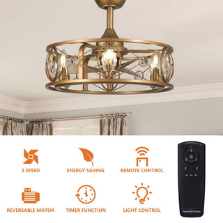 22" Kashmir Modern Glod Reversible Crystal Ceiling Fan with Lighting and Remote Control
