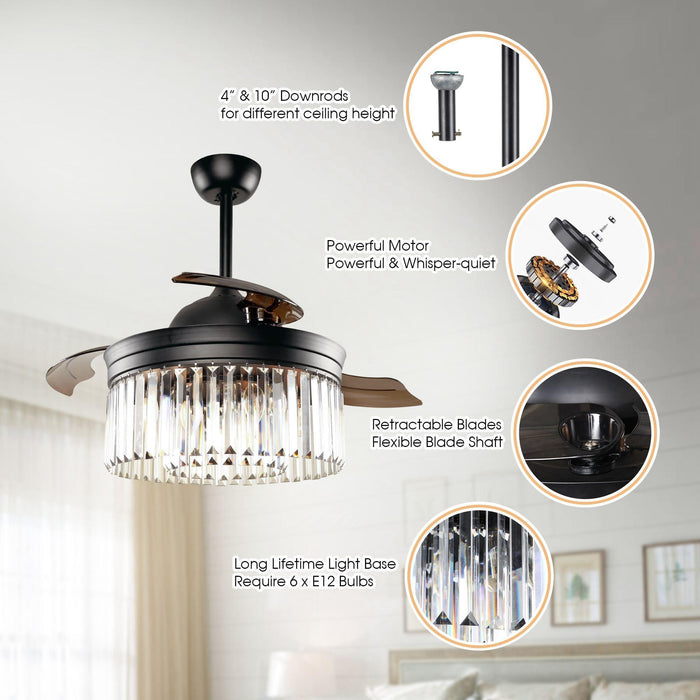 42" Industrial Downrod Mount Crystal Ceiling Fan with Lighting and Remote Control - ParrotUncle