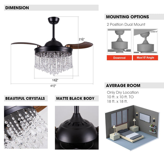 42" Mateo Modern Downrod Mount Crystal Ceiling Fan with Lighting and Remote Control - ParrotUncle