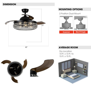 42" Modern Downrod Mount Crystal Ceiling Fan with Lighting and Remote Control - ParrotUncle