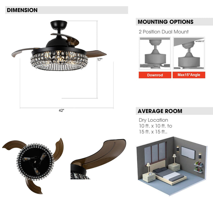 42" Modern Downrod Mount Crystal Ceiling Fan with Lighting and Remote Control - ParrotUncle