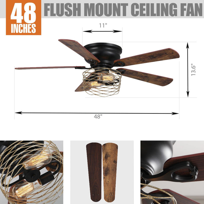 48" Athens Farmhouse Flush Mount Reversible Ceiling Fan with Lighting and Remote Control - ParrotUncle