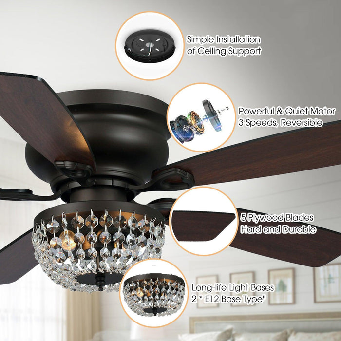 48" Modern Flush Mount Reversible Crytsal Ceiling Fan with Lighting and Remote Control - ParrotUncle