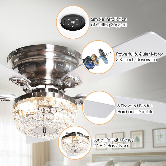 48" Modern Flush Mount Reversible Crytsal Ceiling Fan with Lighting and Remote Control - ParrotUncle