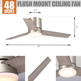 48" Satin Hamptons Nickel Flush Mount Low Profile Ceiling Fan with LED Lighting