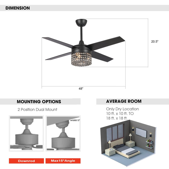 48" Pune Modern Downrod Mount Reversible Crystal Ceiling Fan with Lighting and Remote Control - ParrotUncle