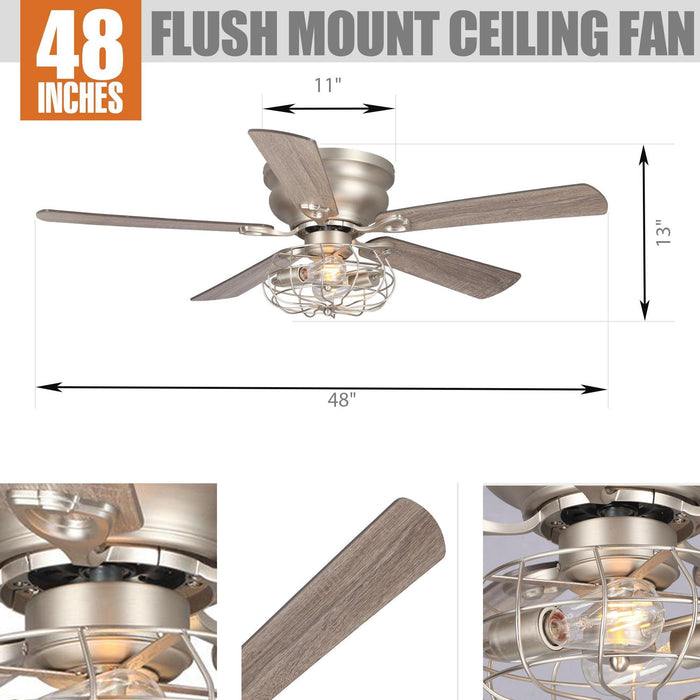 48" Thurber Industrial Satin Nickel Flush Mount Reversible Ceiling Fan with Lighting and Remote Control - ParrotUncle