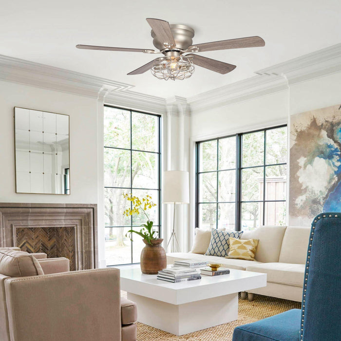 48" Thurber Industrial Satin Nickel Flush Mount Reversible Ceiling Fan with Lighting and Remote Control - ParrotUncle