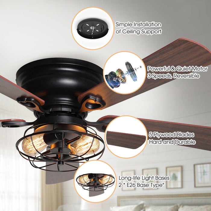 48" Ummuhan Industrial Flush Mount Reversible Ceiling Fan with Lighting and Remote Control - ParrotUncle