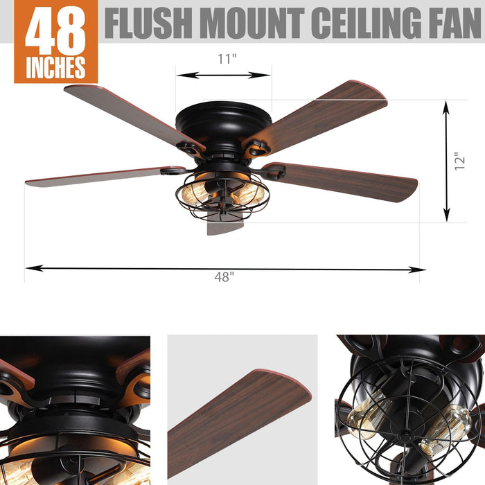 48" Ummuhan Industrial Flush Mount Reversible Ceiling Fan with Lighting and Remote Control - ParrotUncle