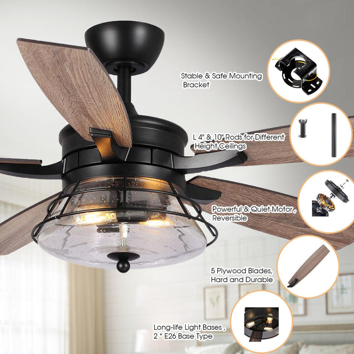 52" Antone Industrial Downrod Mount Reversible Ceiling Fan with Lighting and Remote Control - ParrotUncle