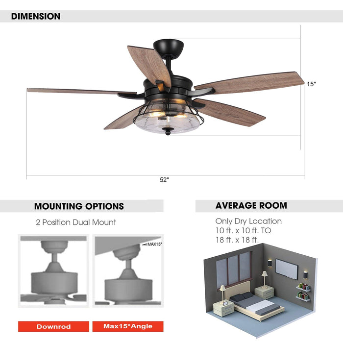 52" Antone Industrial Downrod Mount Reversible Ceiling Fan with Lighting and Remote Control - ParrotUncle