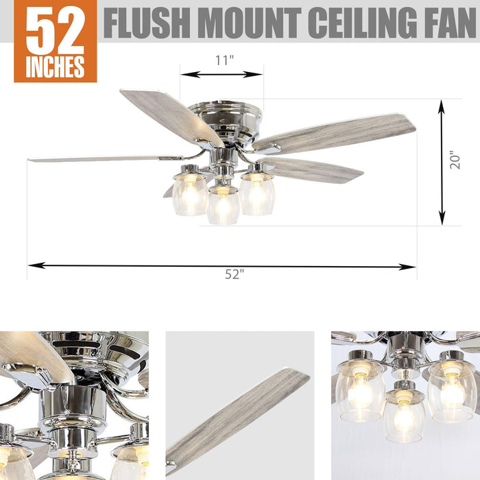 52" Bangatore Modern Chrome Flush Mount Reversible Ceiling Fan with Lighting and Remote Control - ParrotUncle