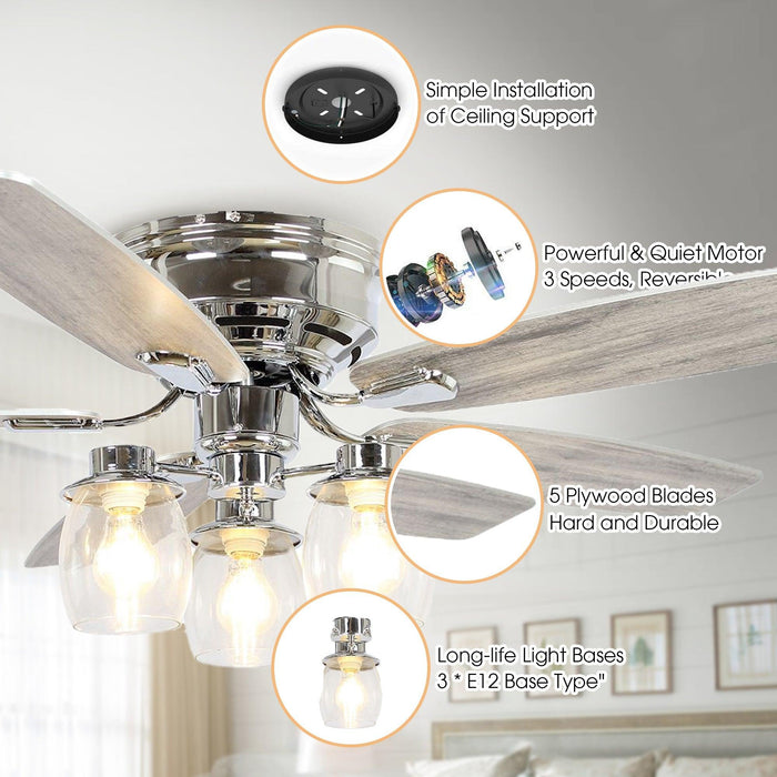 52" Bangatore Modern Chrome Flush Mount Reversible Ceiling Fan with Lighting and Remote Control - ParrotUncle